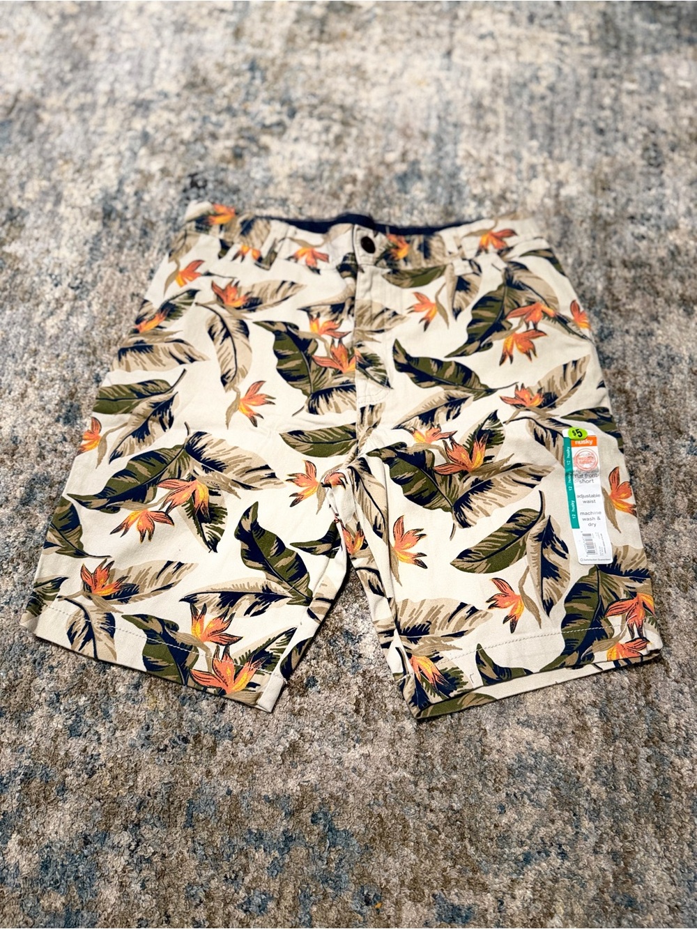 Tropical Floral Print Cotton Shorts - Cream Base with Green & Orange